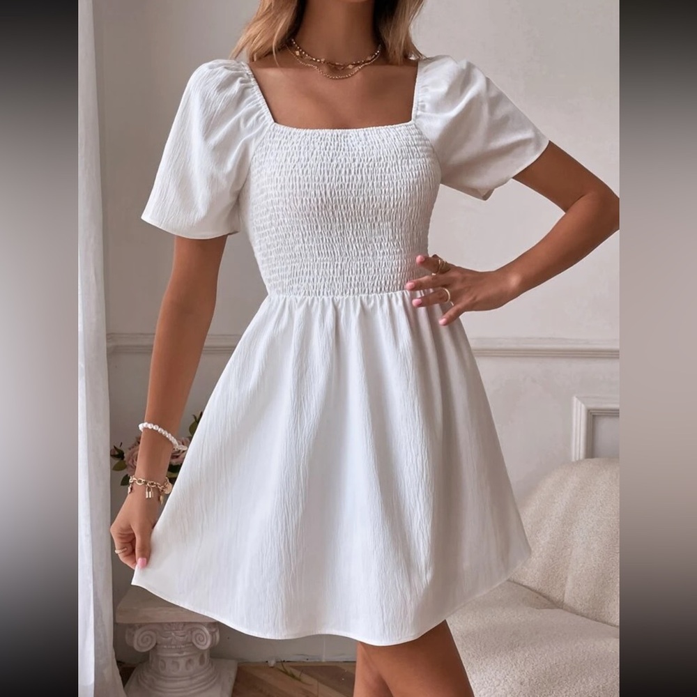 Square Neck A-Line Shirred Ruffle Hem Dress